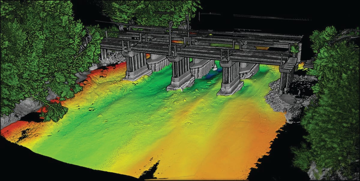 An example of the highly detailed single-3D survey output from the Axolotl, showing features both above and below the water. (Image: Advanced Navigation)