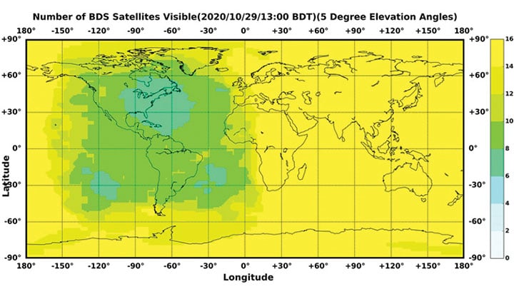 Figure 1. The number of visible BDS satellites as of BDT 13:00, Oct. 29, 2020. The number of visible satellites at Asia-Pacific Region is greater than 20. (Source: www.csno-tarc.cn)