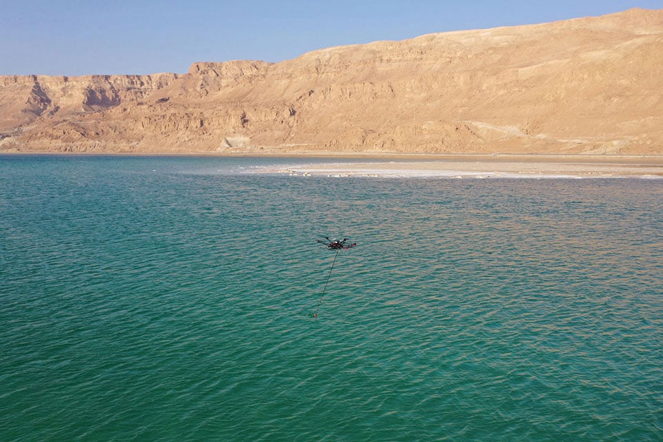 A drone equipped with an echo sounder surveys the Dead Sea. (Photo: SPH Engineering)