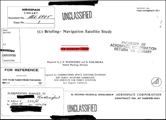 Figure 4. Front page of the seminal GPS system study performed from 1964 to 1966 by USAF 621B Program. Originally classified secret, it was not declassified until after the initial GPS satellite had been launched. This was the essential foundation to the GPS System design. (Credit: Bradford W. Parkinson and Stephen T. Powers)