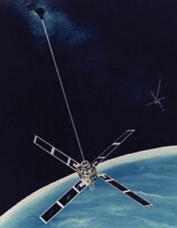 Figure 3. A Transit satellite showing the gravity-gradient boom that kept the antennas pointing at the earth. (Credit: Bradford W. Parkinson and Stephen T. Powers)