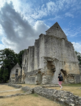 Paris Austin, head of product – New Technology for OxTS, tries out the new backpack at historic Minster Lovell Hall. (Image: OxTS)